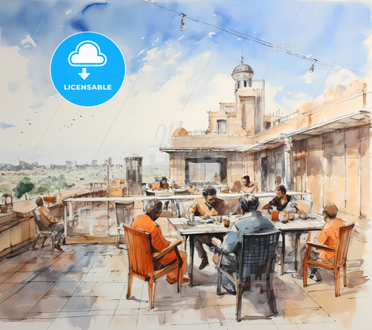 New Work Cafe On The Roof Of Meccanol, A Group Of People Sitting At A Table On A Rooftop