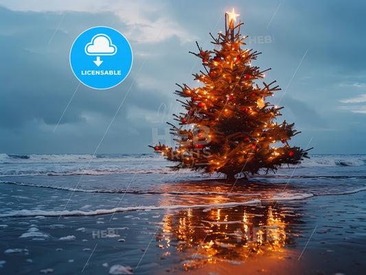 Christmas Tree Standing Straight With Lights, A Tree With Lights On It In The Water