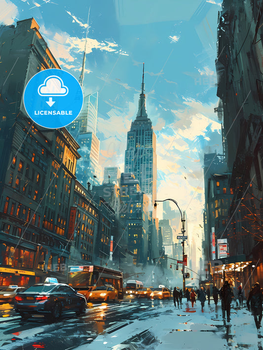 New York City Skyline, A City Street With Tall Buildings And People Walking