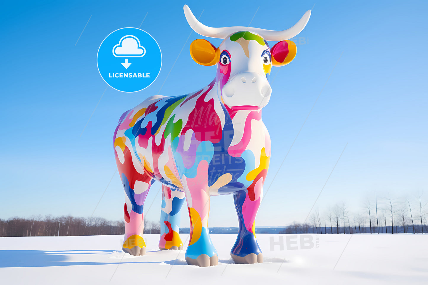A Colourful Scultpture Of A Cow, A Colorful Cow Statue In The Snow