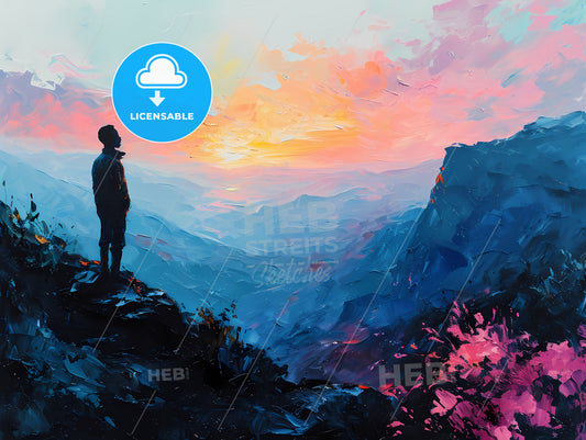 Young Black Male Standing Atop A Mountain, A Man Standing On A Mountain Looking At A Colorful Sunset