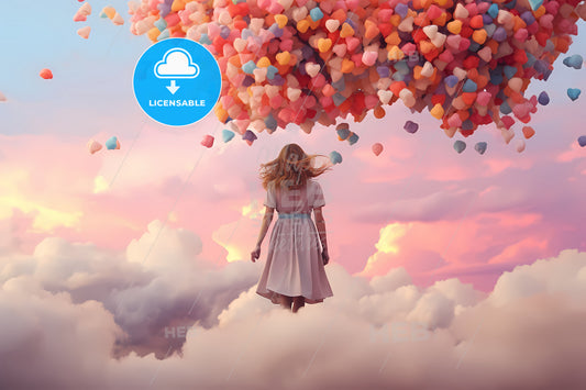 Colorful Clouds Are Seen In The Sky, A Woman Standing In The Clouds With Balloons