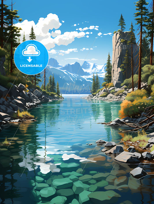 Lake Tahoe National Park, A River With Rocks And Trees