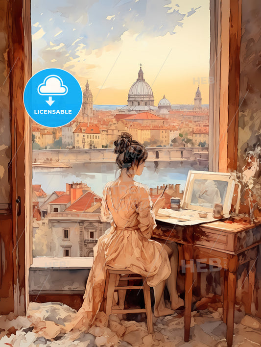 Illustration Of Young Woman Working, A Woman Sitting At A Desk Looking Out A Window At A City