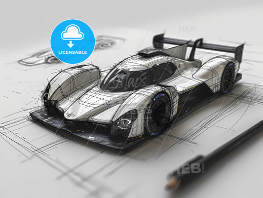 A Minimalistic Car Pencil Sketch On The Paper, A Drawing Of A Race Car