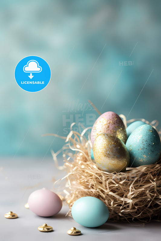 Easter Background With Copy Space, A Nest With Colorful Eggs