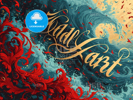 Stylish Music Logo With The Text Wall Art, A Red And Blue Waves With Gold Text