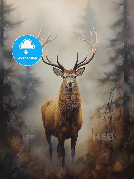 An Elk Is Standing On A Fog, A Deer With Large Antlers In A Forest