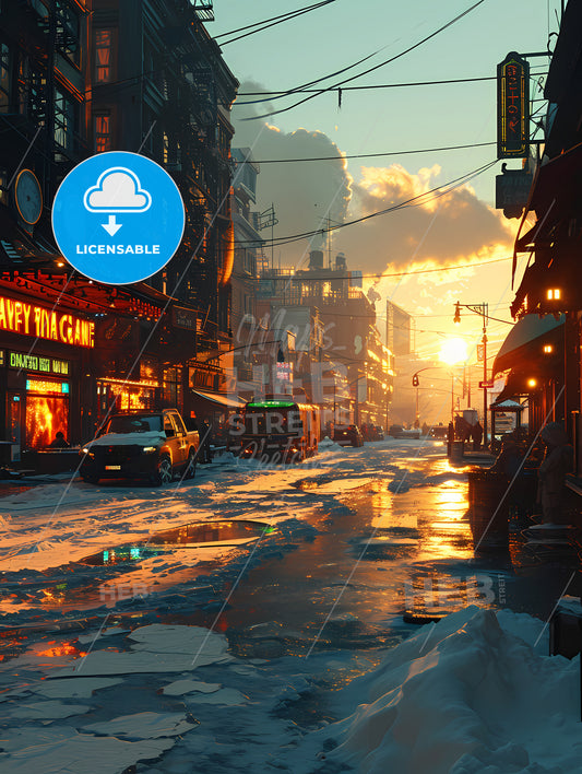 Art Style Ny City, A Snow Covered Street With Buildings And Cars