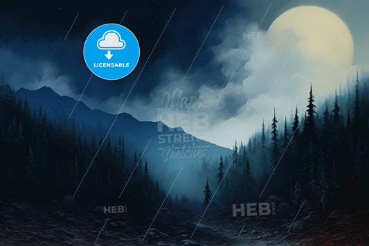 A Dark Blue Canvas Is Shown On The Left, A Moon Over A Mountain