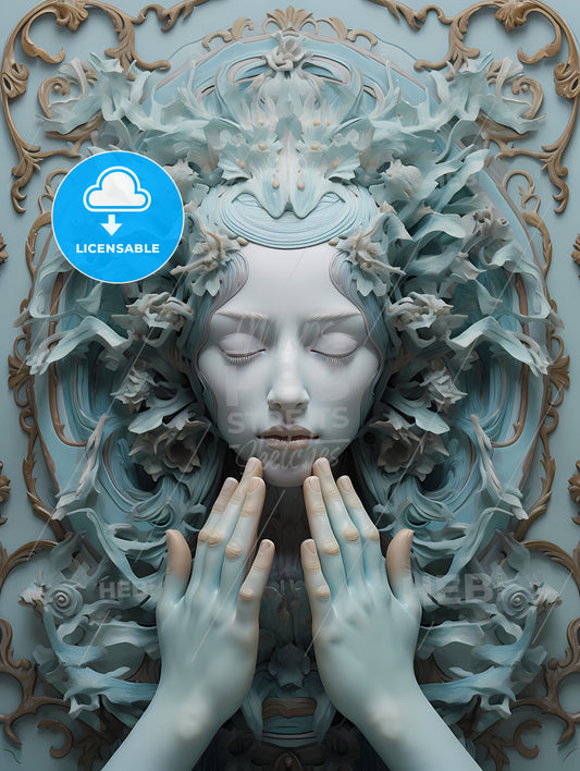 A Hand Drawn Painting Made From Clay, A Statue Of A Woman With Hands In Front Of Her Face