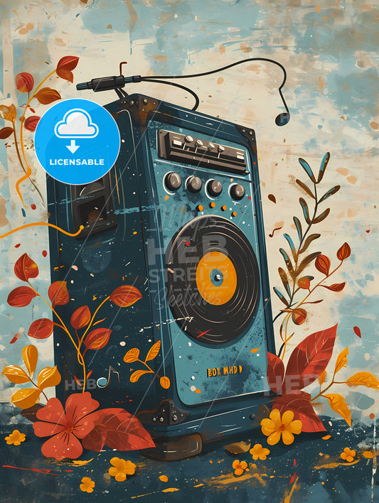 Simple Music Poster With The Text Jukebox Mind, A Blue Speaker With A Yellow Disc