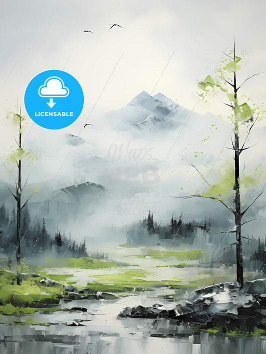 Painting Of Mountain Side In Spring, A Painting Of A Landscape With Trees And A River