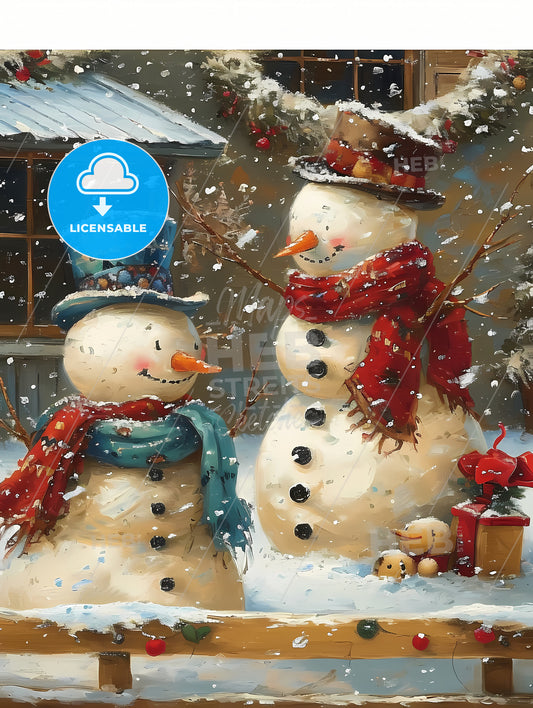 A Picture Of An Art Print Showing A Pair Of Snowmen, A Snowman In A Snowy Scene