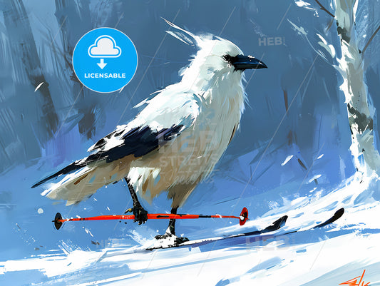 A White Crow That Can Ski, A Bird Standing On Skis
