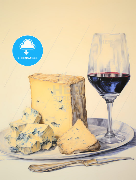 Gorgonzola Cheese On Beige Background Sketchbook Art, A Plate Of Cheese And A Glass Of Wine
