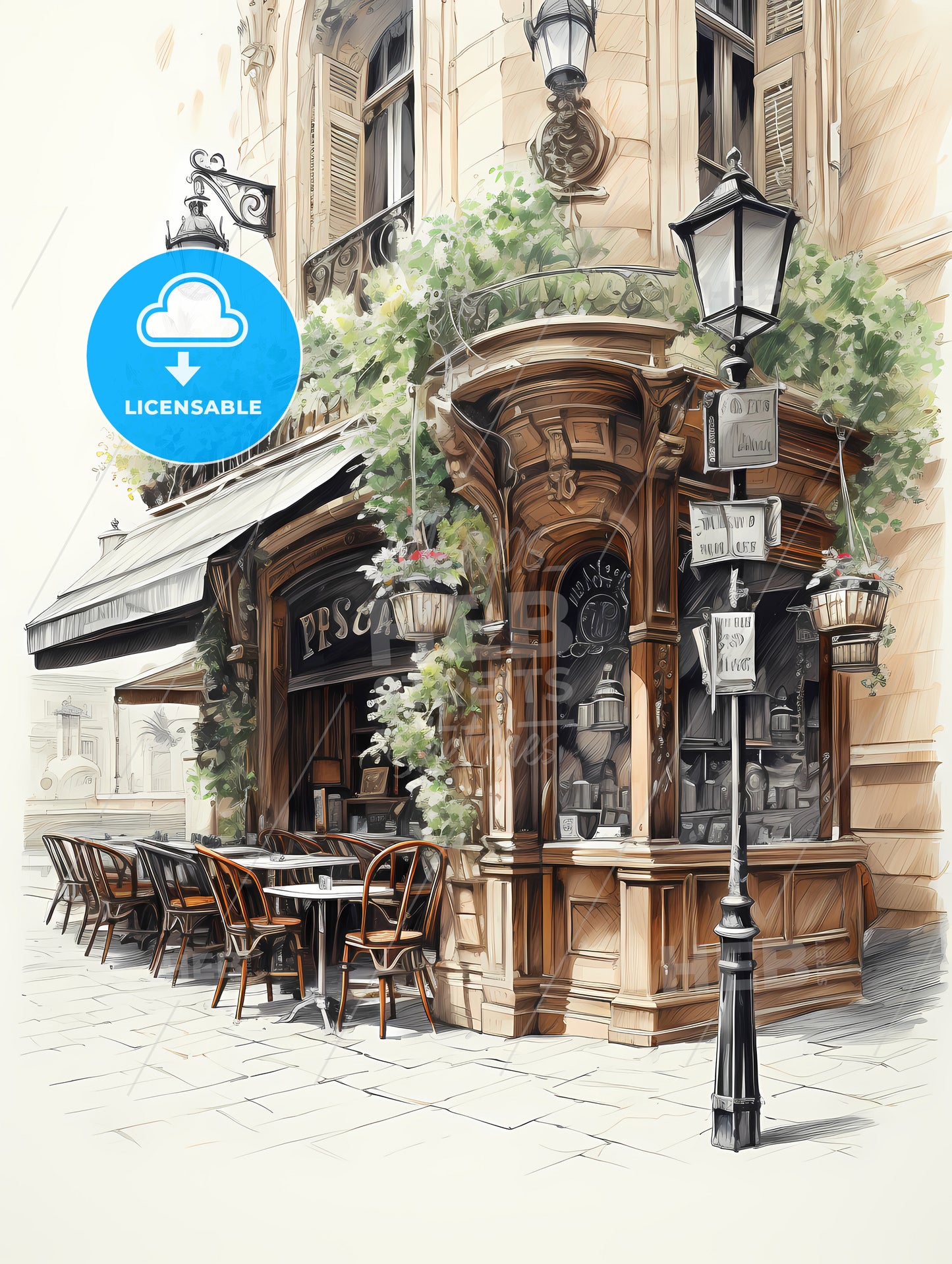 The Exterior Of A Paris Restaurant, A Drawing Of A Building With Tables And Chairs