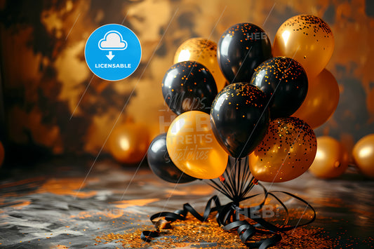Birthday Decoration Of Ribbons And Balloons, A Bunch Of Black And Gold Balloons