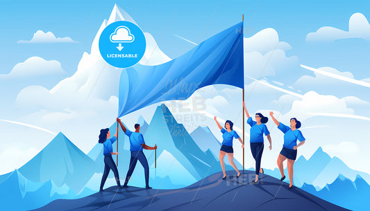 Close View On A Team, A Group Of People Holding A Flag On A Mountain