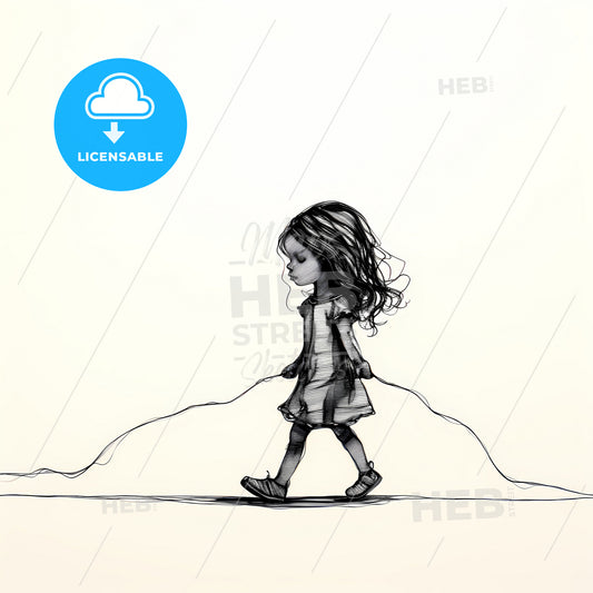 Continuous Line Drawing Of A Little Girl, A Drawing Of A Girl Walking With A Rope