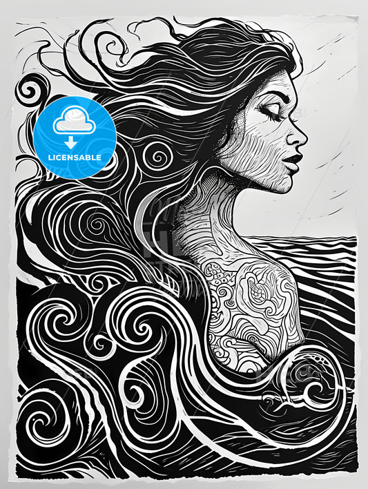 Art Deco Minimalism, A Woman With Long Hair And A Tattoo