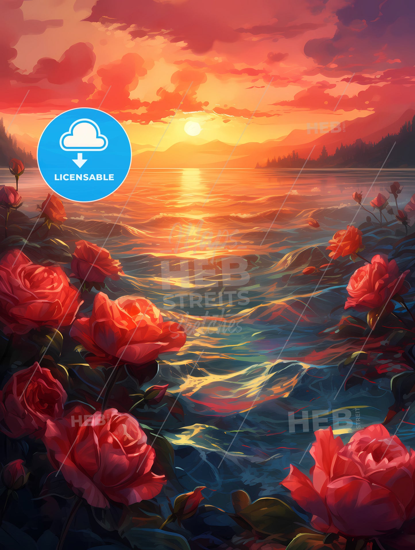 The Red Sunset Shone On The Blue Ocean, A Sunset Over A Body Of Water