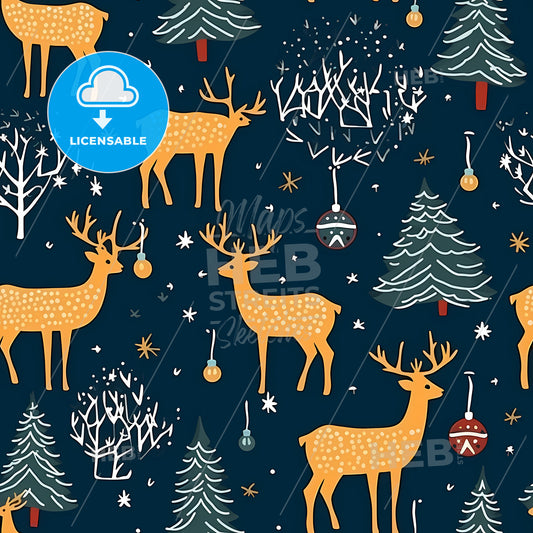 Hand Drawn Christmas Pattern, A Pattern Of Deer And Trees