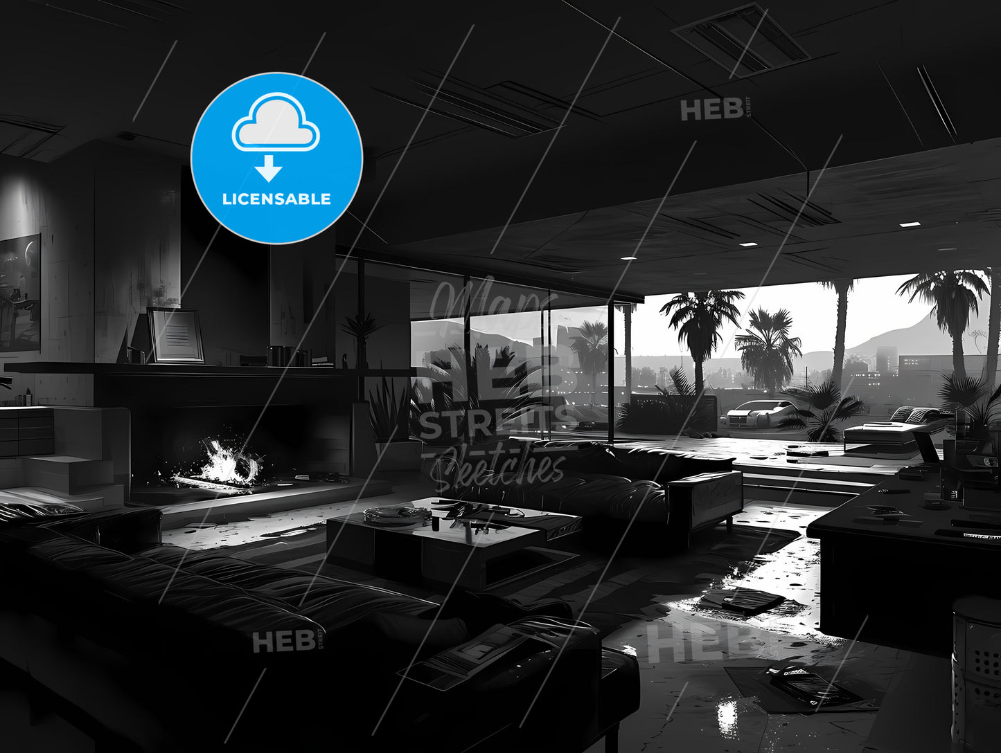 A Cozy Living Room With A Fireplace, A Room With A Fireplace And Palm Trees