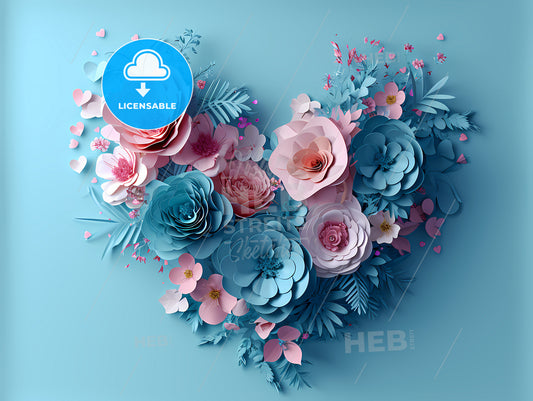 Blue And Pink Paper Hearts, A Heart Shaped Arrangement Of Paper Flowers
