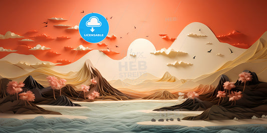 A Calm And Serene Beach, A Paper Cut Out Of Mountains And A Body Of Water