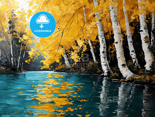 An Oil Painting Of A River And Birch Trees, A Body Of Water With Yellow Leaves On Trees