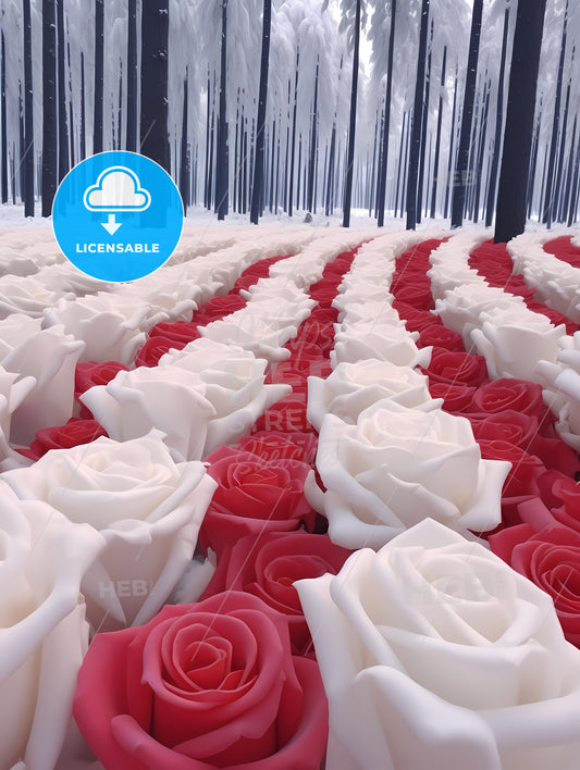 Photos Of 1000 Roses After Heavy Snow, A Rows Of White And Red Roses