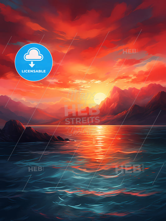 The Red Sunset Shone On The Blue Ocean, A Sunset Over A Body Of Water