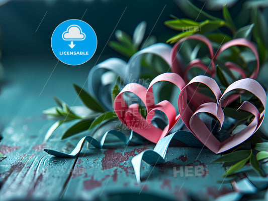 Blue And Pink Paper Hearts, A Heart Shaped Paper Strips On A Blue Surface
