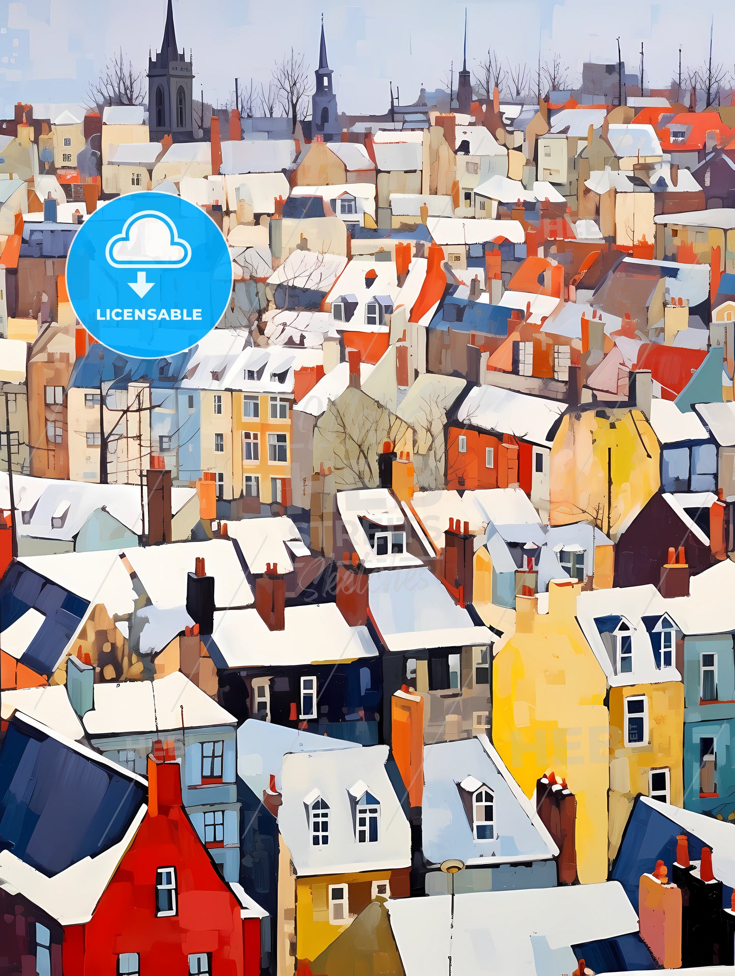 Snowy Urban Roofs Of London, A Group Of Colorful Buildings With Snow On The Roof