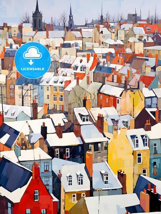 Snowy Urban Roofs Of London, A Group Of Colorful Buildings With Snow On The Roof