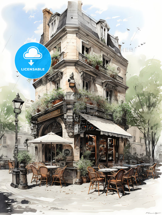 The Exterior Of A Paris Restaurant, A Building With Tables And Chairs