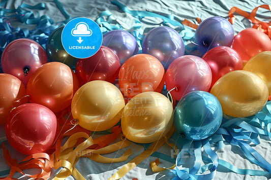 Birthday Decoration Of Ribbons And Balloons, A Group Of Balloons On A Bed