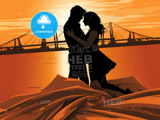 A Piece Of Art With A Bridge In The Background, A Silhouette Of A Man And Woman Hugging In Front Of A Bridge