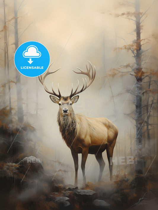 An Elk Is Standing On A Fog, A Deer With Large Antlers Standing In A Forest