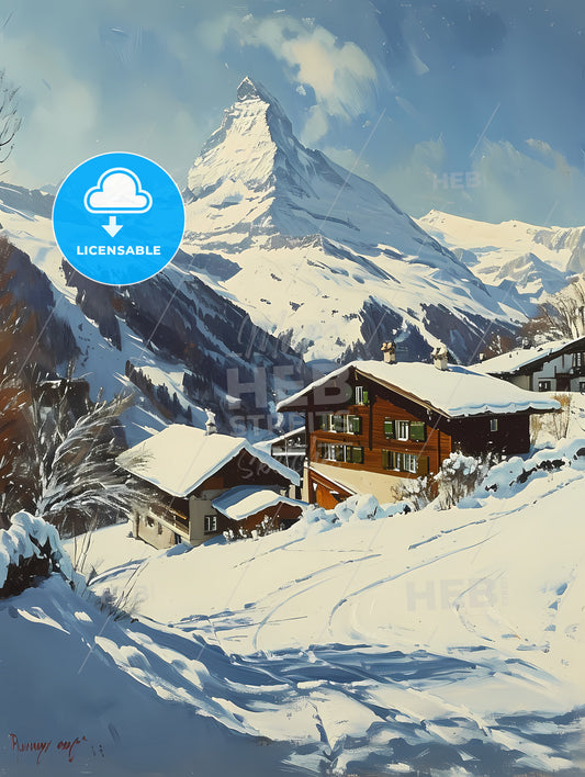 Matterhorn, A Snowy Mountain With Houses And Trees