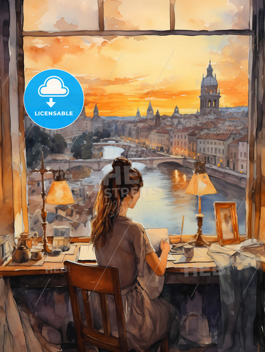 Illustration Of Young Woman Working, A Woman Sitting In A Chair Looking Out A Window At A City