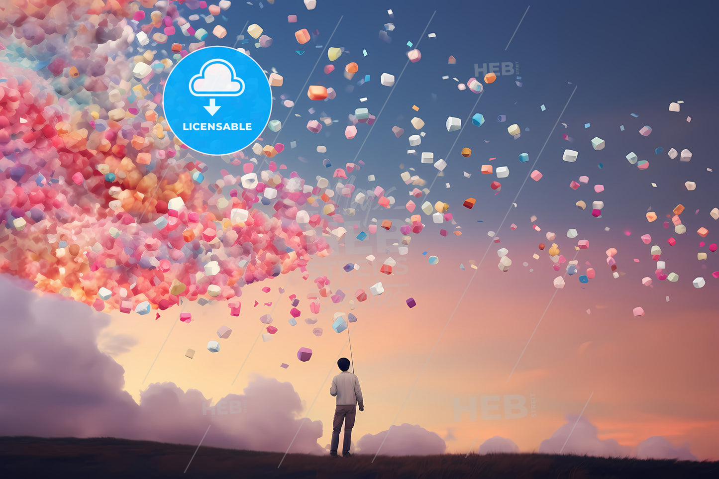 Colorful Clouds Are Seen In The Sky, A Person Holding A Balloon With Many Colorful Objects Floating In The Air