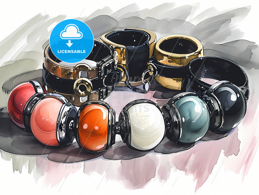 Sketch Of A Ring, A Group Of Bracelets With Different Colors