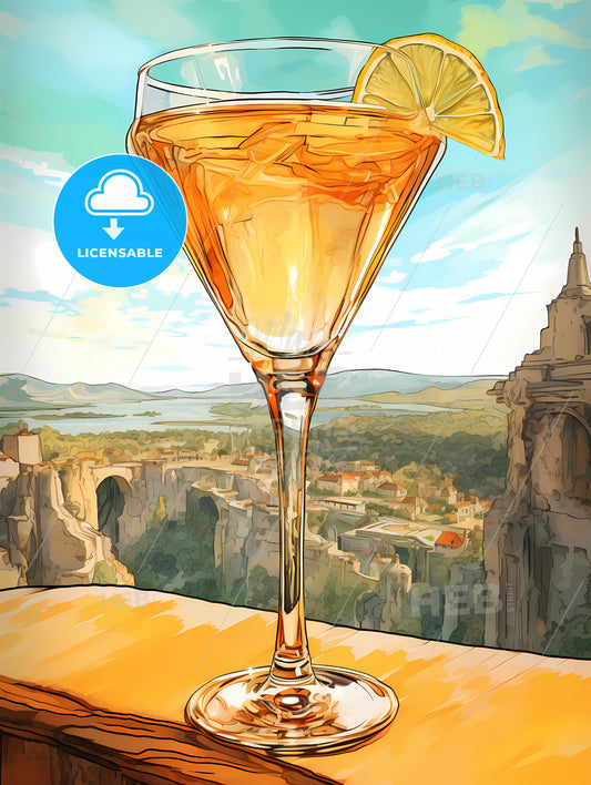 Margarita Glass With Classic Margarita Cocktail, A Glass Of Liquid With A Slice Of Lime And A City In The Background