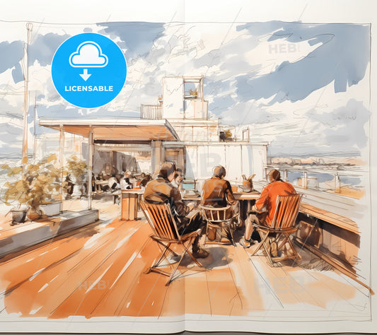New Work Cafe On The Roof Of Meccanol, A Group Of People Sitting On A Deck
