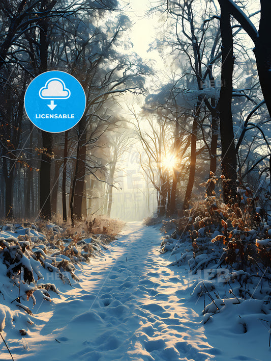Winter Forrest, A Snow Covered Path Through A Forest