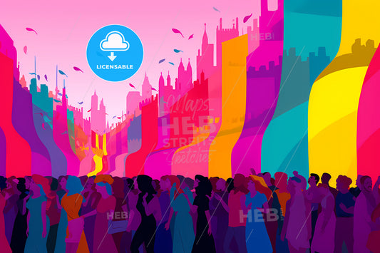 Rainbow Flag Wallpaper With Two Arrows, A Group Of People Walking In A Line