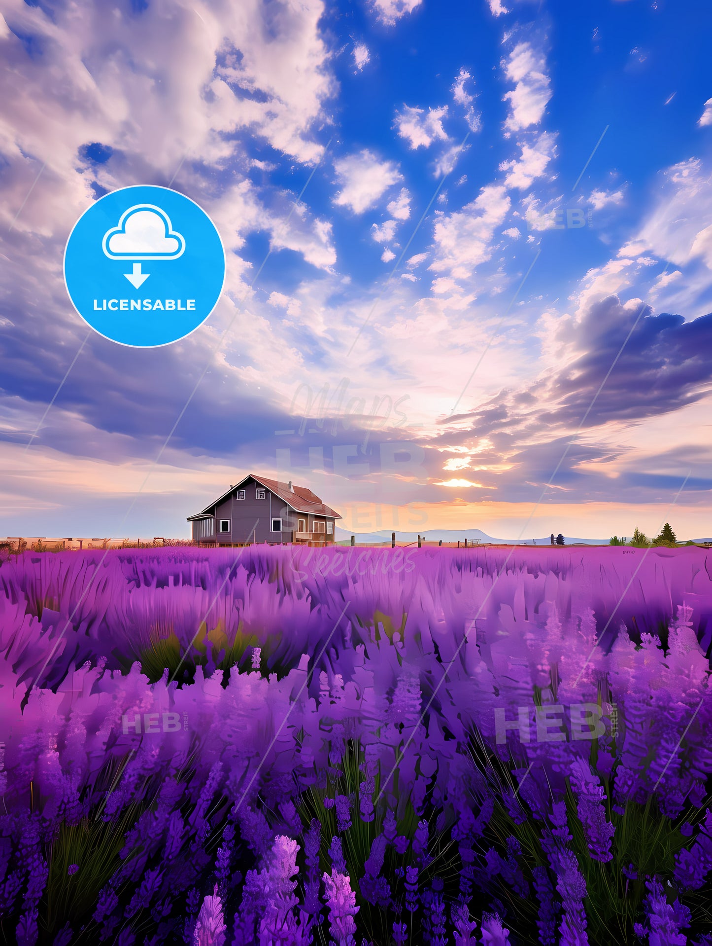 Large Lavender Flower Sea, A House In A Field Of Lavender