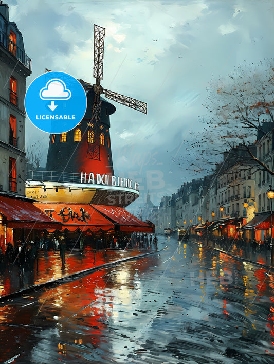 Moulin Rouge Advertising, A Street With A Windmill On It